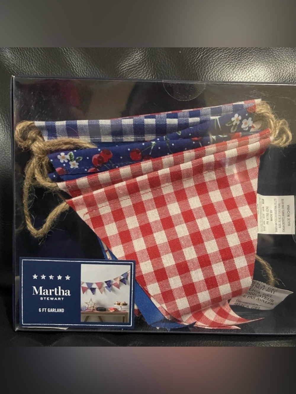 Martha Stewart Patriotic Red and Navy Blue Checkered & Floral Pennant Garland